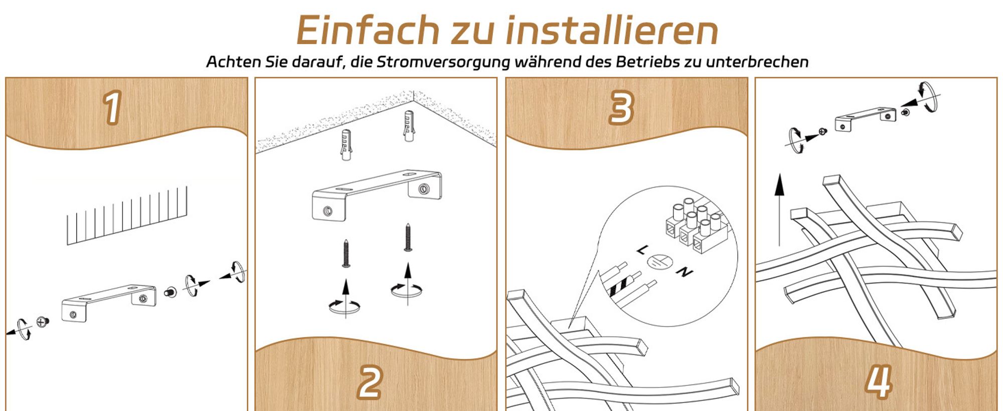 ZMH Deckenlampe LED Deckenleuchte Wohnzimmer 24W Holz Wohnzimmerlampe 3000K Warmweiß Modern Design Schlafzimmerlampe Schwarz Metall Küchenlampe