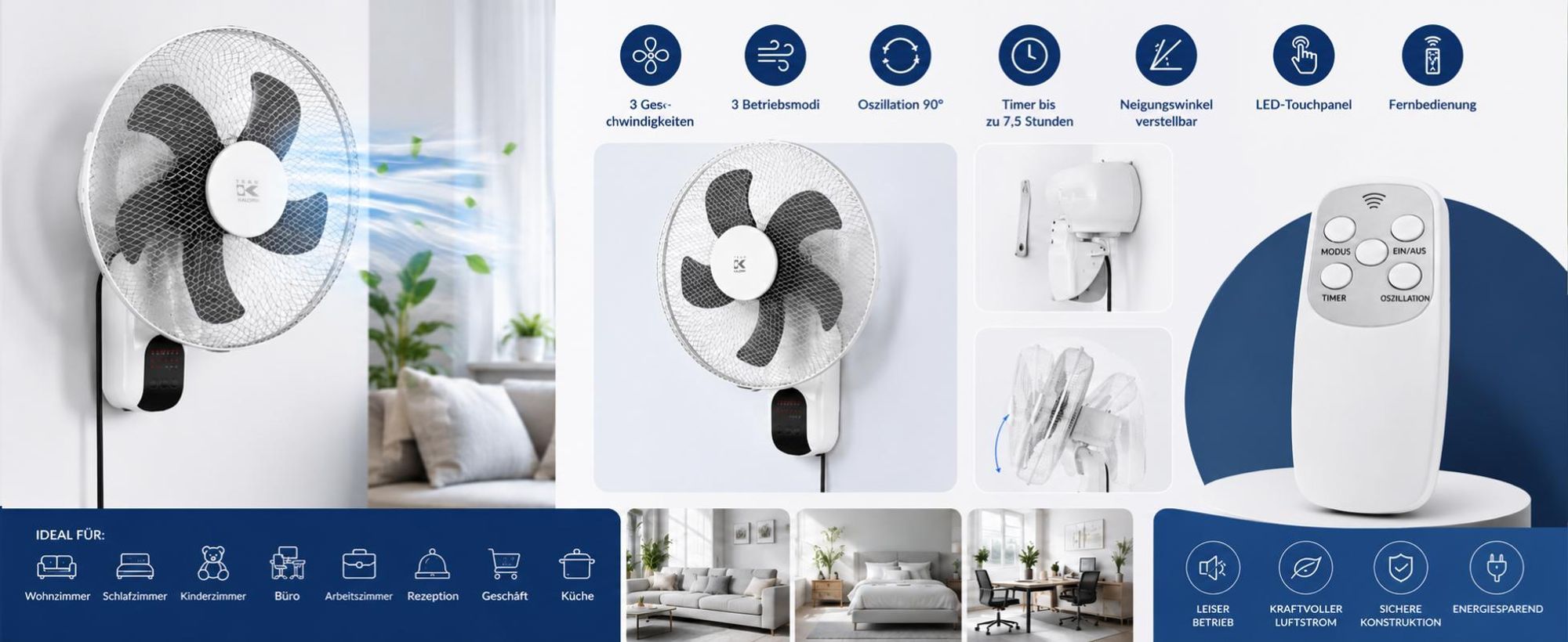 WANDVENTILATOR mit FERNBEDIENUNG WEISS 45W OSZILLATIONSTIMER