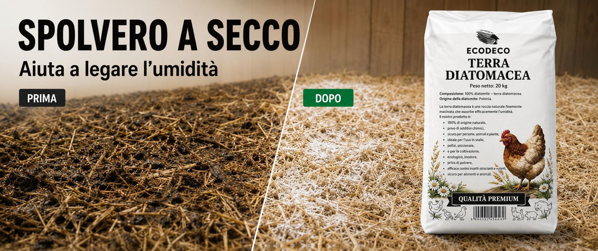 Ecodeco: Terriccio di diatomee da 20 kg, ideale per pollaio, lettiera e allevamento di animali – assorbente minerale, inodore