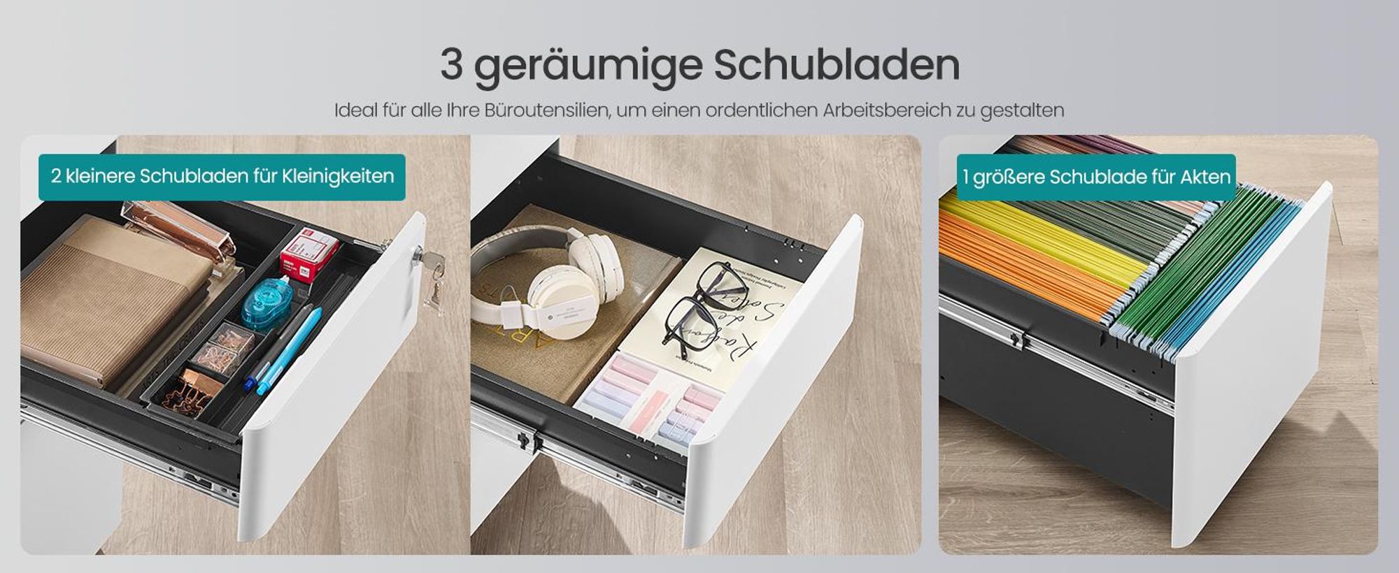 SONGMICS Schubladenschrank, Rollcontainer mit 3 Schubladen, abschließbarer Aktenschrank, vormontiert, Metallschrank, Druckertisch