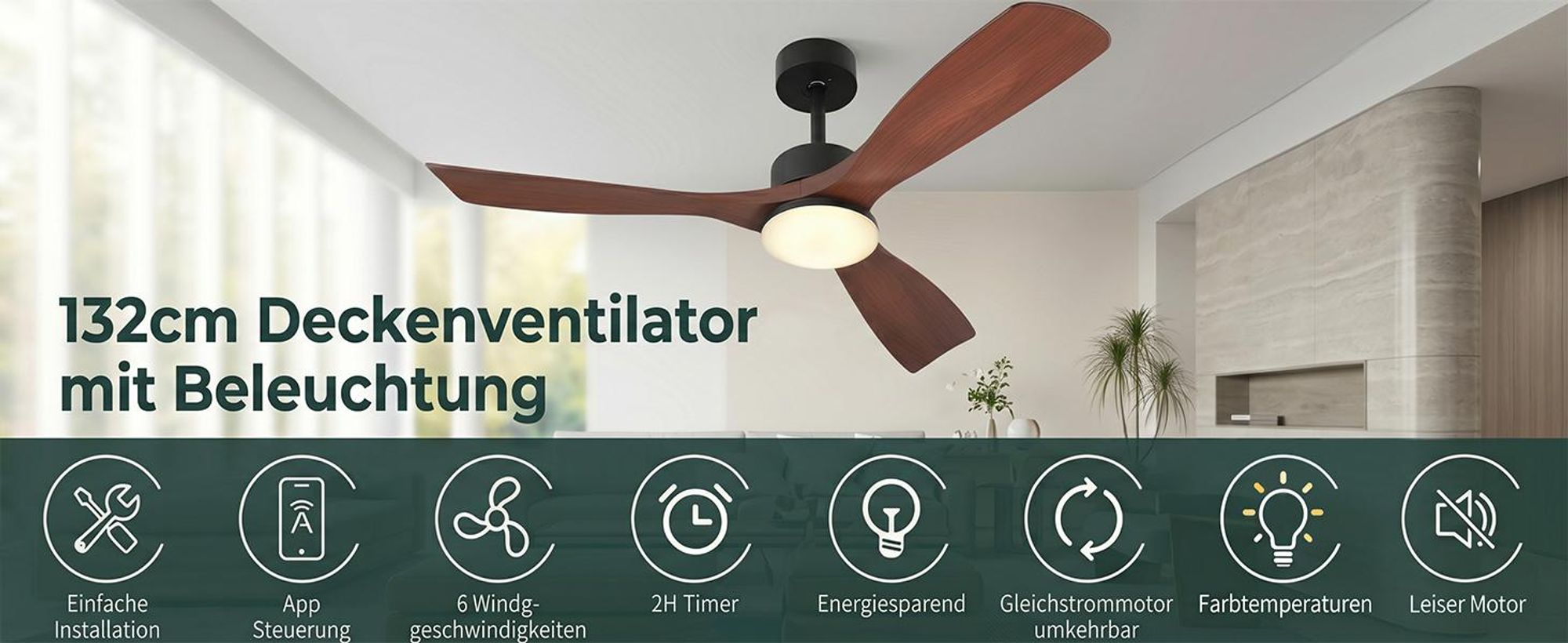 132cm Deckenventilator mit Beleuchtung und Fernbedienung DC Motor Einstellbare Farbtemperatur Dimmbar 6 Stufen APP-Steuerung