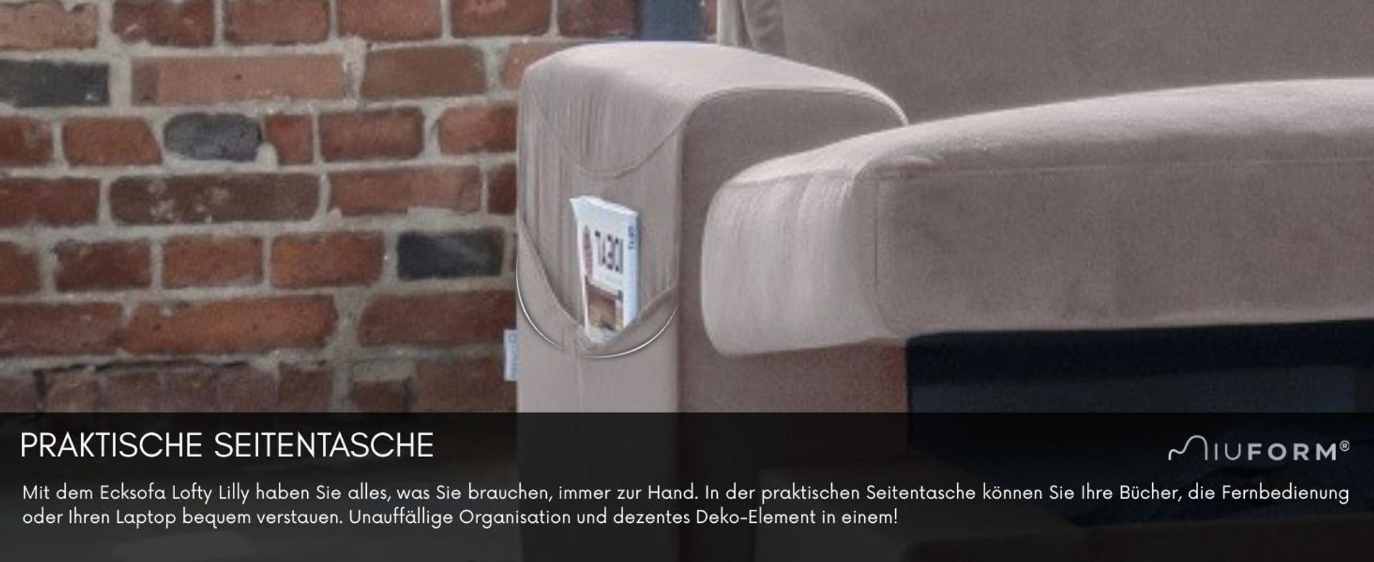 MIUFORM Lofty Lilly - Ecksofa mit Bettfunktion und Bettkasten U-FORM LINKS - 303 x 197 cm - Velours Dunkelbeige - Sofa Schlafsofa Couch