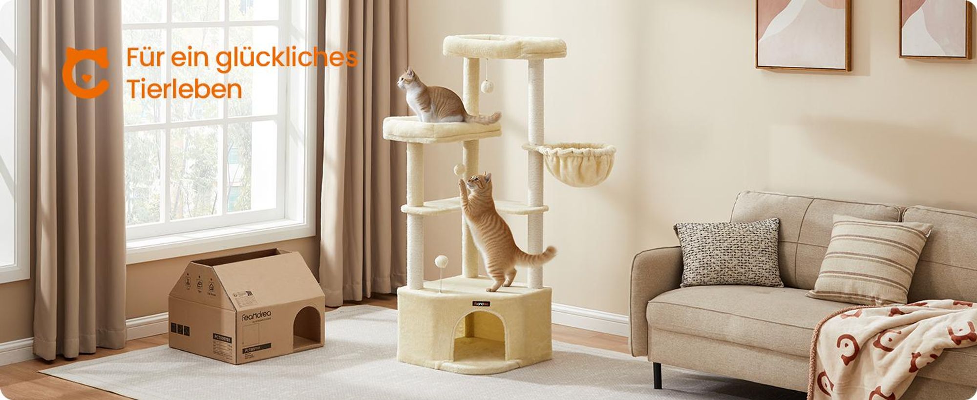 FEANDREA Kratzbaum für Raumecke, Katzenbaum, mit großer Kuschelhöhle, großen Plattformen, mehr Stabilität Sandbeige