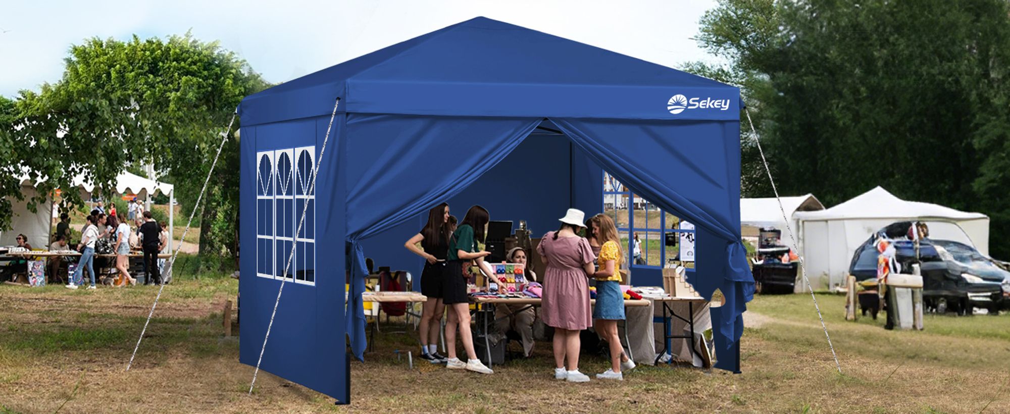 Sekey Faltpavillon 3x3 mit 4 Seitenwänden und mit 4 Sandsäcke, Wasserdicht Pop Up Pavillon für Camping, Festival, Events, Picknicks, Dunkelblau