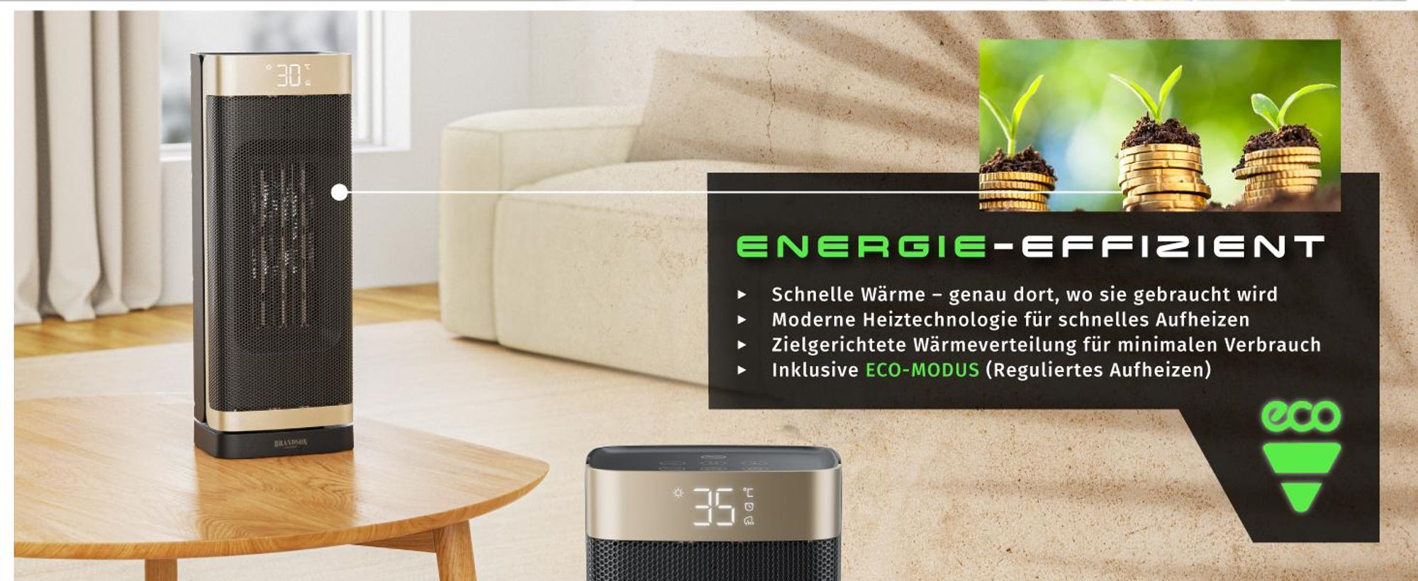 Brandson Keramik Heizlüfter 2000 W, energieeffizient mit ECO-Modus