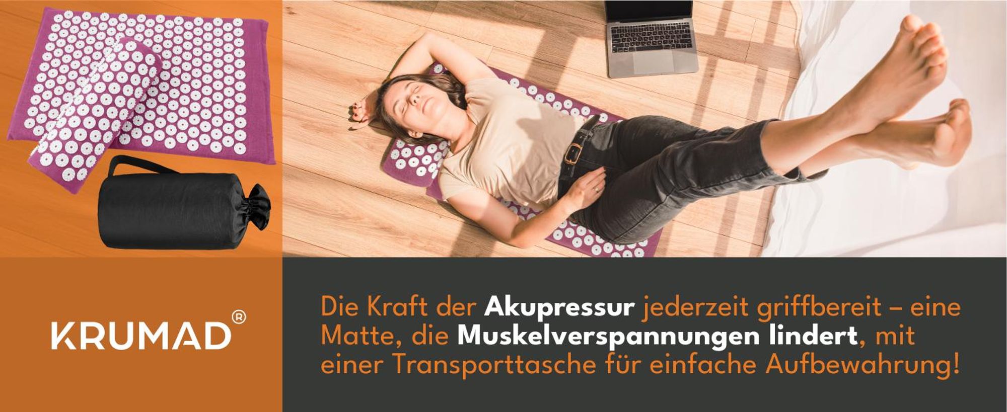 KRUMAD Akupressurmatte Set mit Kissen, inkl. Tasche, Stachelmatte für Rücken, Nacken, Wellness, Entspannung, Massagematte 60x40 cm für Zuhause