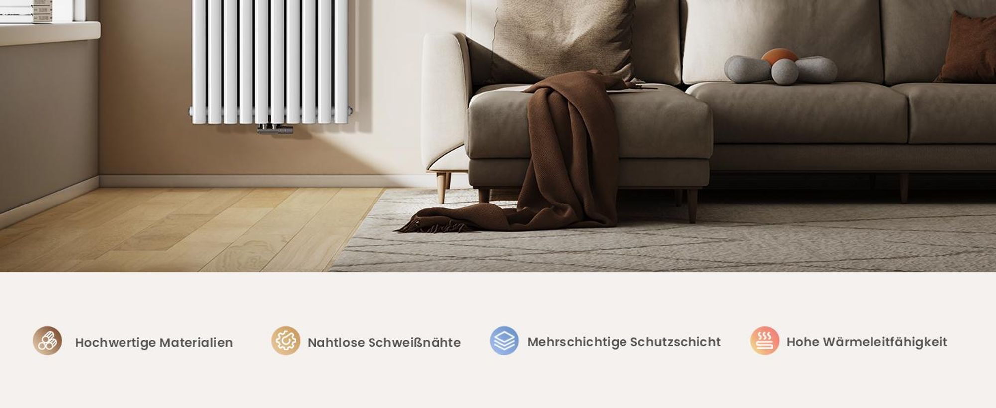 EMKE Design-Heizkörper 1800 x 600 mm Heizkörper Vertikal Weiß Ovalheizkörper Mittelanschluss Doppellagig Heizung, 2175W ohne Heizstab