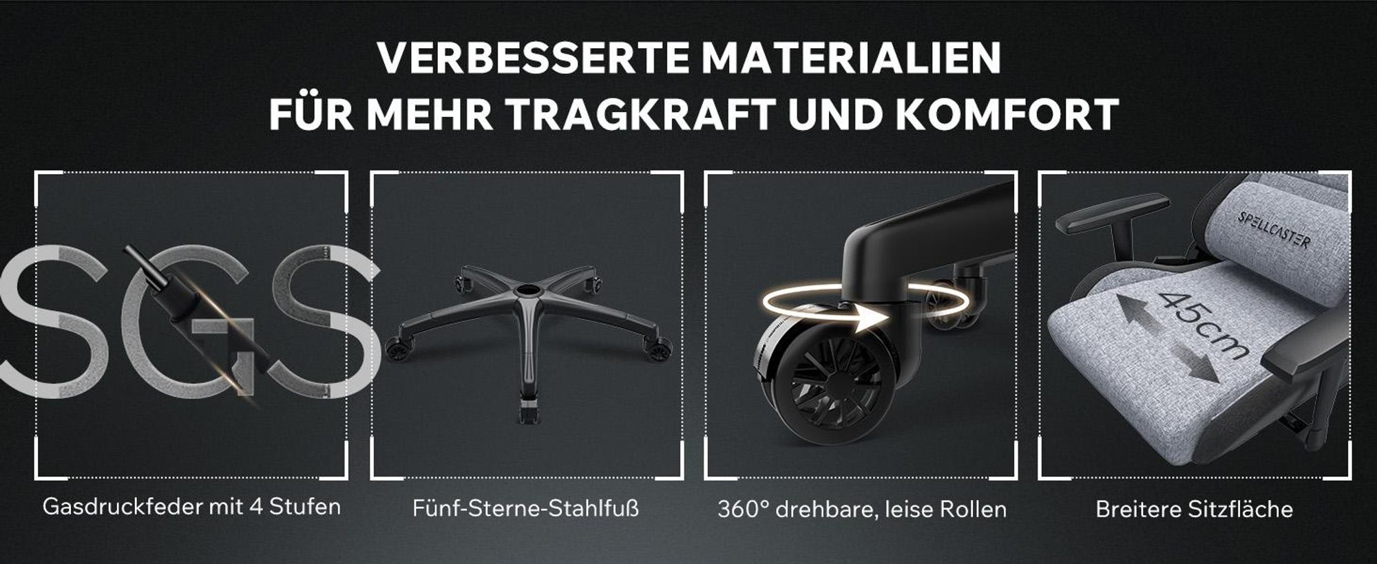 SENSE7 Gamingstuhl Spellcaster FUKU XL Stoff Grau Schwarz - Ergonomischer Bürostuhl Schreibtischstuhl bis 160 kg Wippfunktion Rollen für Hartboden