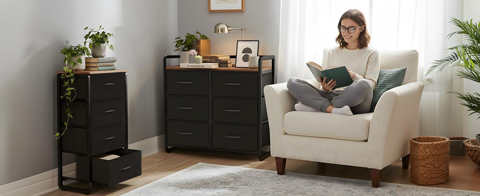HOKEEPER Kommode, Kommoden mit 6 Schubladen aus Stoff, Schrank für Schlafzimmer, Chest of Drawers Wohnzimmer mit Stabiler Stahlrahmen, Holzplatte