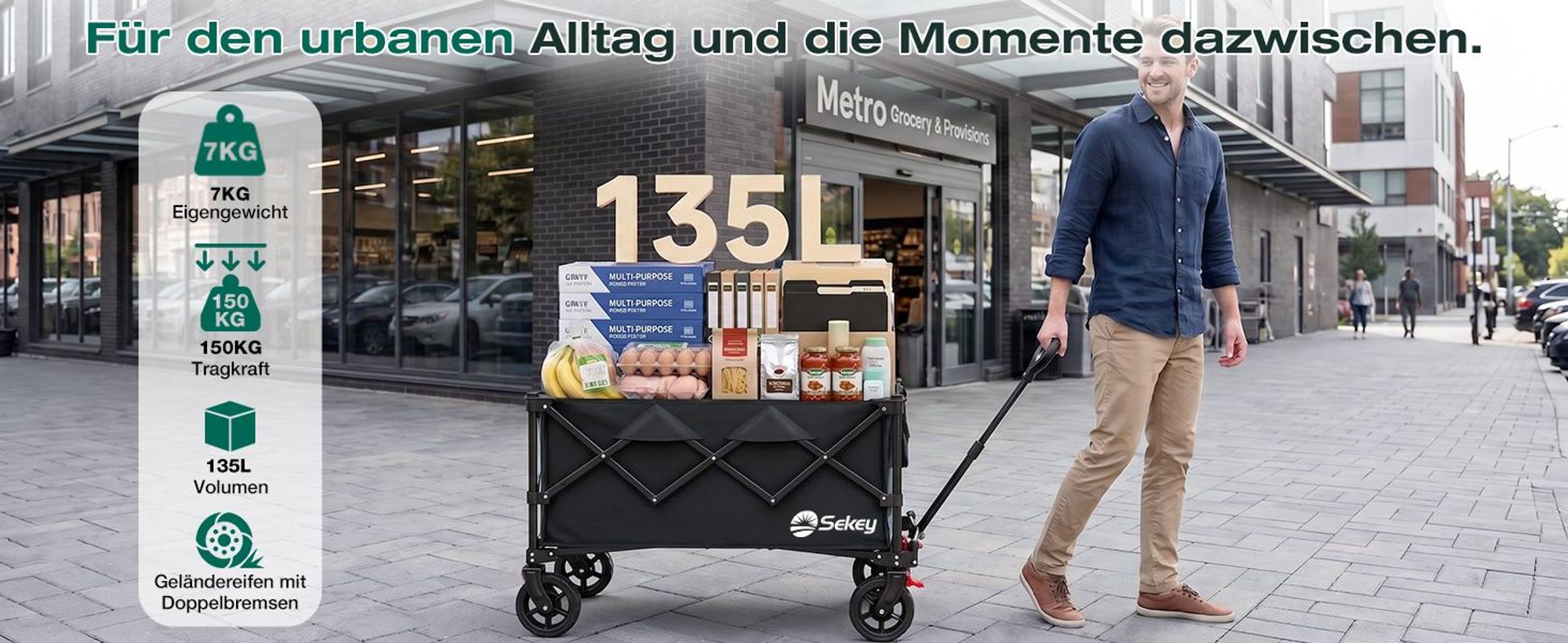 Sekey Bollerwagen faltbar 150 kg mit Bremsen, klappbarer Handwagen für Garten und Ausflug, Schwarz