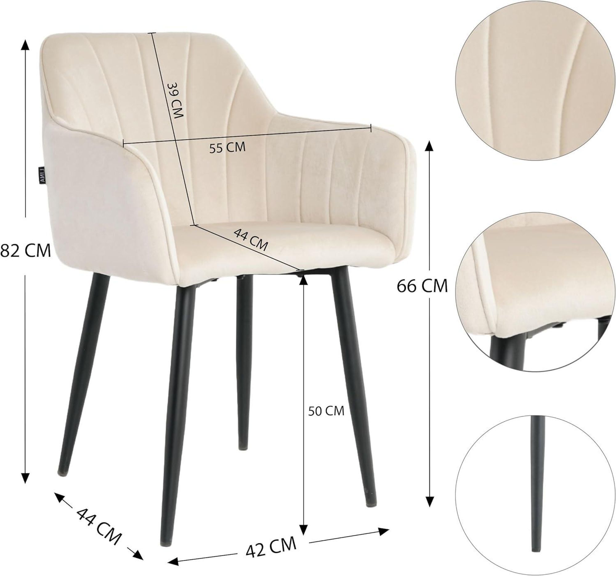 Lina® Rio Samt Esszimmerstühle 2er Set Creme – Mit Armlehnen & schwarzen Metallbeinen – Ideal für Wohnzimmer, Büro & Esszimmer