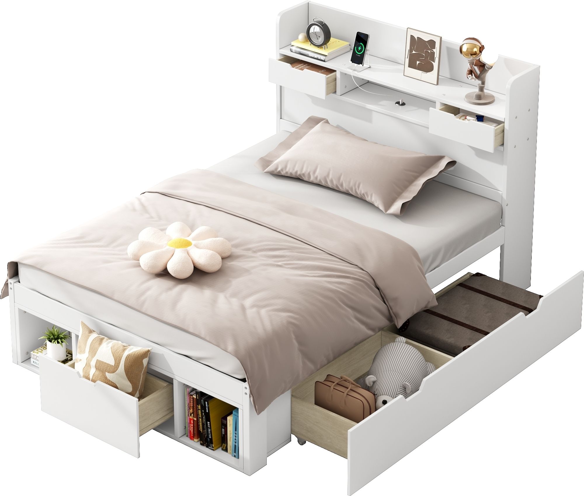 Merax Jugendbett 90x200cm mit USB und Schubladen, Holzbett mit Stauschrank, Kinderbett Einzelbett mit Lattenrost, Stauraumbett Funktionsbett, Weiß