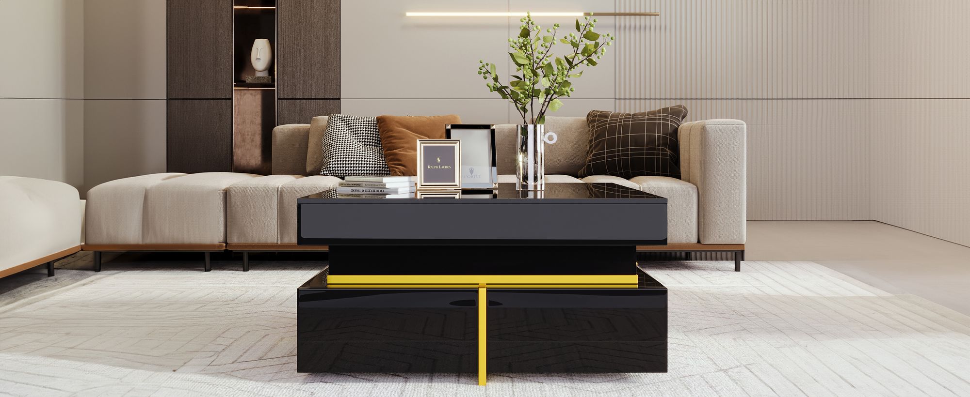 MODFU Couchtisch Wohnzimmertisch Hochglanz für Wohnzimmer, Schlafzimmer, Beistelltisch quadratischer mit Schubladen und goldenen Akzenten, schwarz