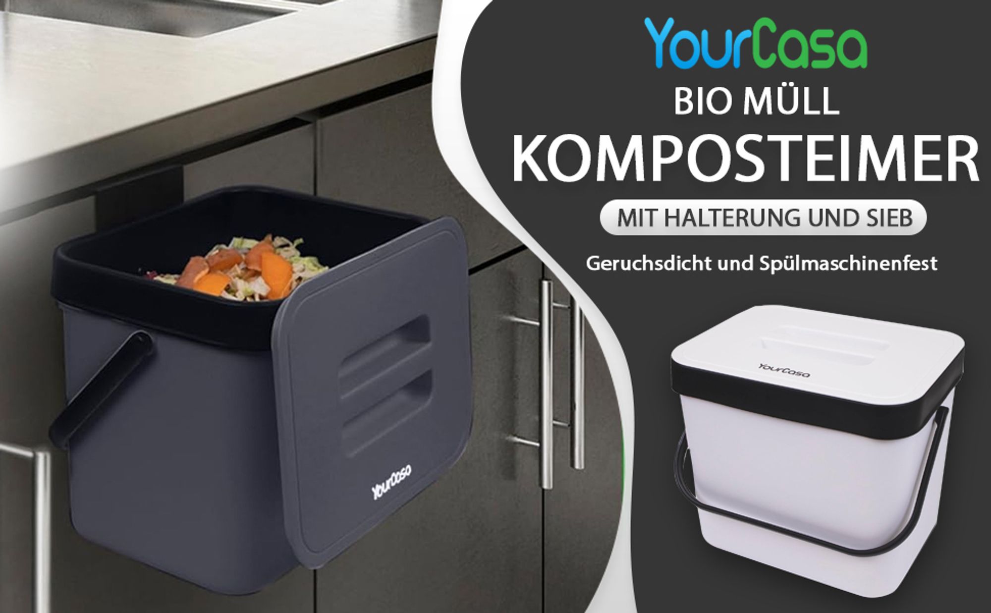 YourCasa 7L Biomülleimer mit Halterung und Sieb für Küche - Geruchsdicht & Spülmaschinenfest Schwarz