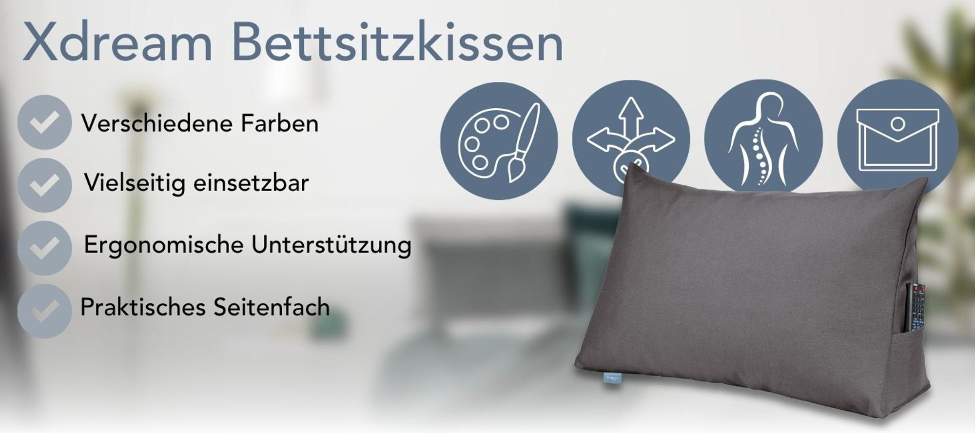 XDREAM Rückenkissen / Lesekissen für Bett & Sofa | Keilkissen mit Seitenfach | 70 x 40 x 20 cm | Bezug abnehmbar & waschbar | dunkelgrau