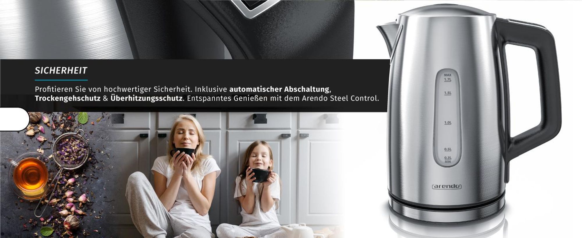 Arendo Wasserkocher mit Temperatureinstellung 35°C - 100°C, Temperaturanzeige, Temperaturwahl, Edelstahl, 1,7 L, 2200W, Warmhaltefunktion, silber