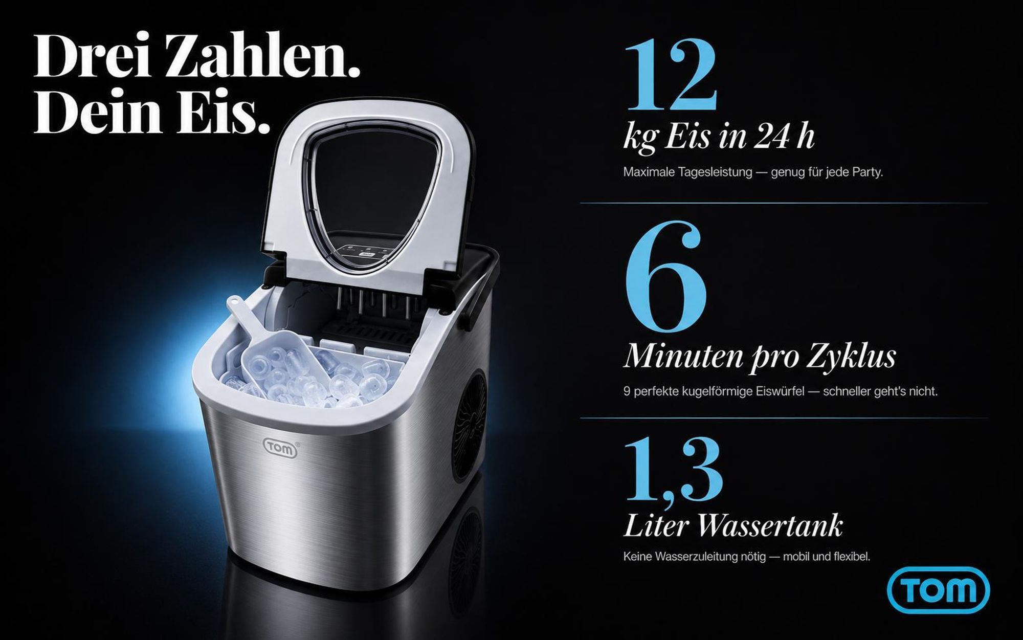 Eiswürfelmaschine Eiswürfelbereiter Edelstahl 1,3 Liter mit Eiszange TOM | 12kg / 24h | 2 Größen | LED-Display | Herausnehmbarer Eiswürfelkorb