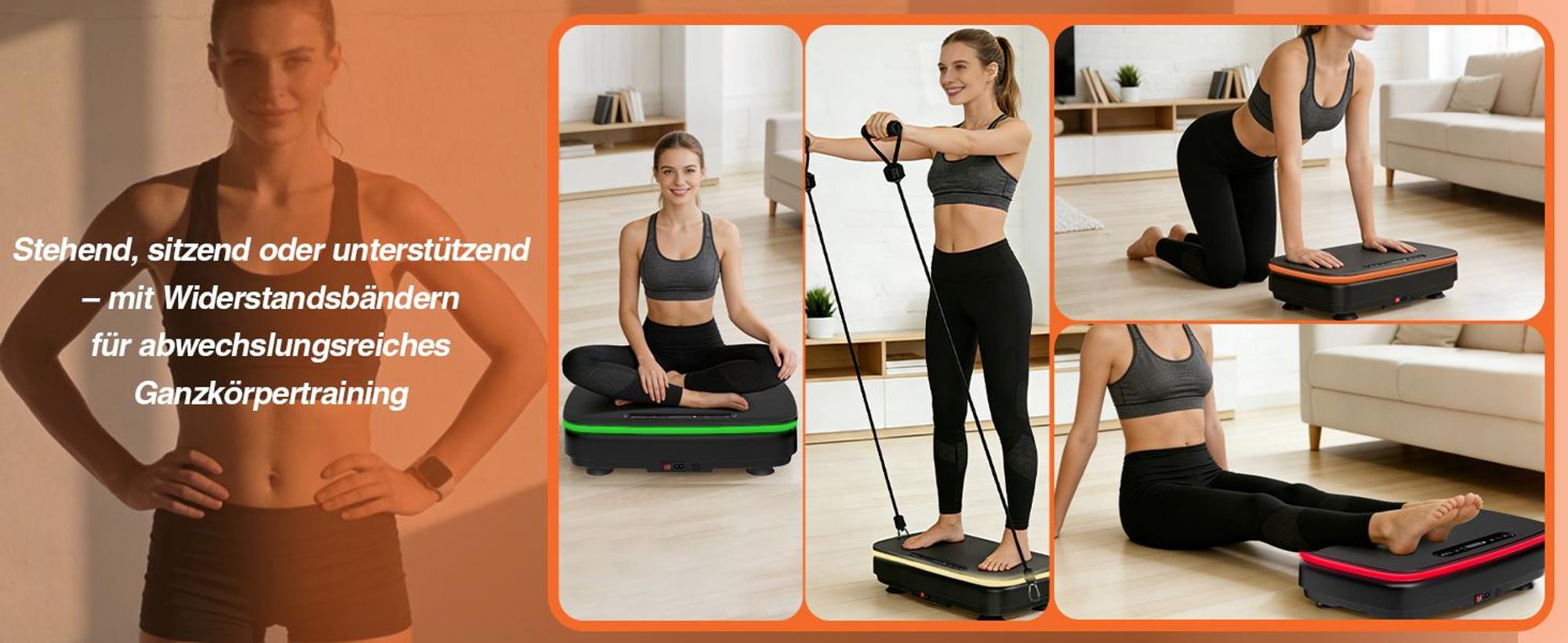 DH FitLife Vibrationsplatte für Zuhause, 0–99 Stufen, 9 Auto-Programme, leise mit Saugnäpfen, Bluetooth Lautsprecher, inkl. Zugbänder, 150kg