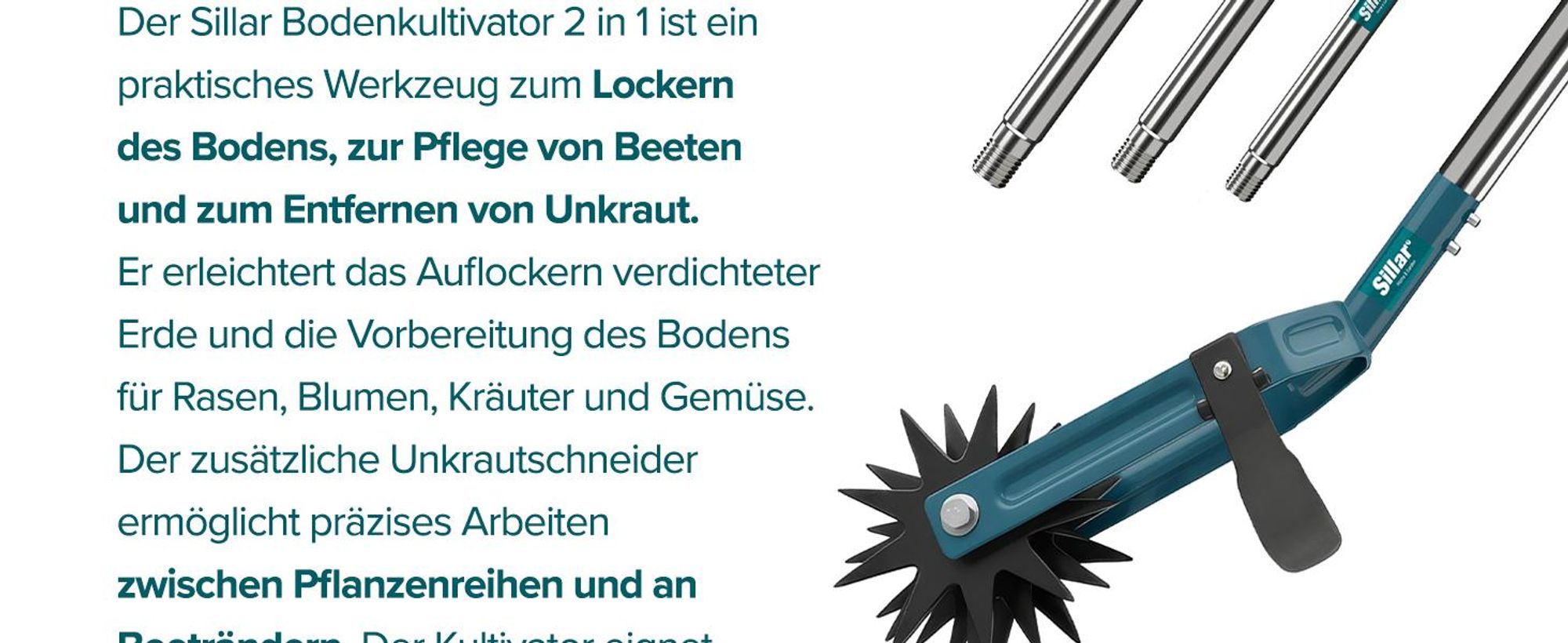 Sillar 2 in 1 Rotationskultivator 182 cm – Bodenlockerer mit Unkrautschneider, manuell, Edelstahl