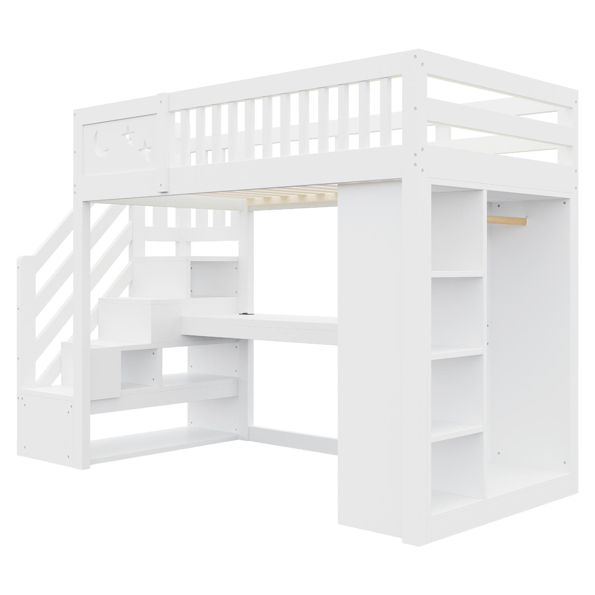 Flieks Etagenbett 90 x 200 cm mit Treppe, Kinderbett mit Schreibtisch, LED-Licht und Steckdose, Hochbett mit Kleiderschrank und Regal, Weiß, Holz