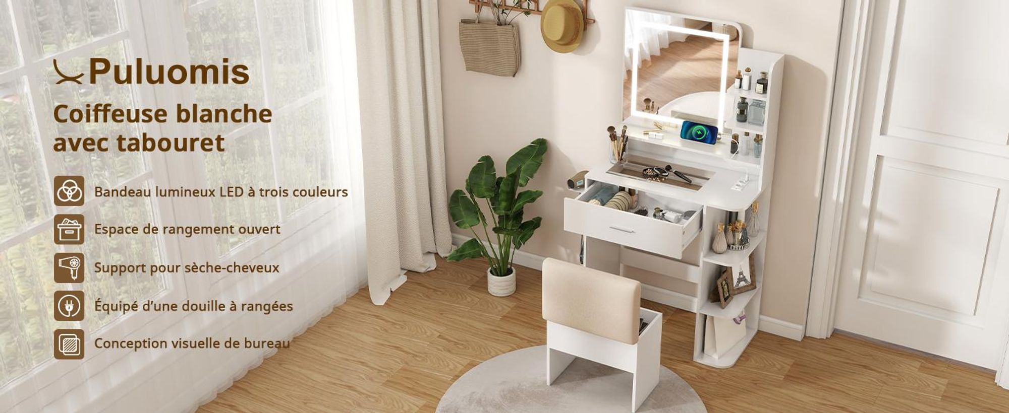 Table de maquillage Puluomis avec éclairage LED réglable, table de coiffure avec tiroir, support pour sèche-cheveux, ports USB et prises, plateau en verre, tabouret avec rangement, couleur blanche