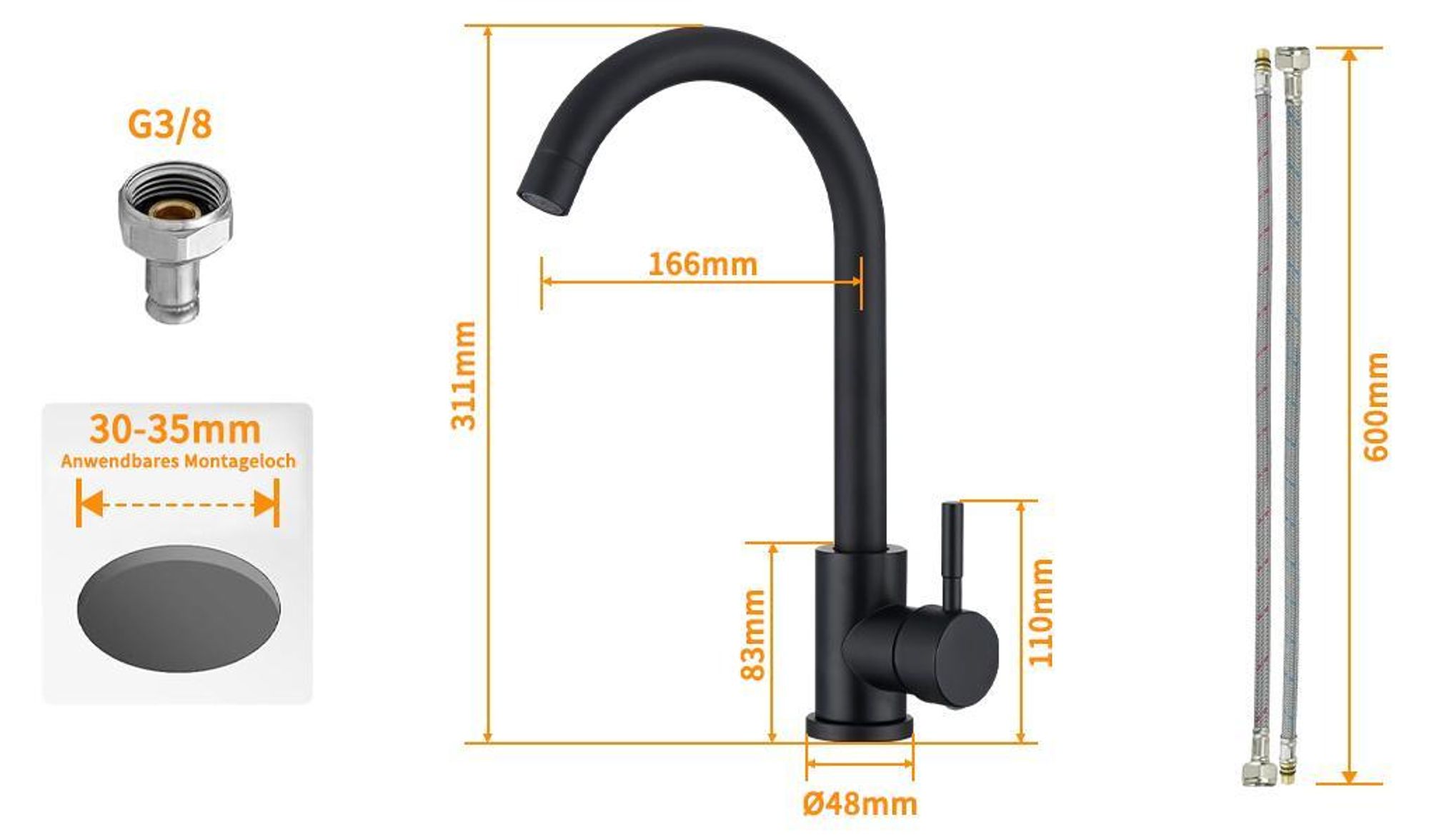 Wasserhahn Küche,Hochdruck Küchenarmatur,Edelstahl Spültischarmatur 360° Schwenkbare,Mischbatterie Armatur,Schwarz Küchenarmaturen，Kitchen Tap