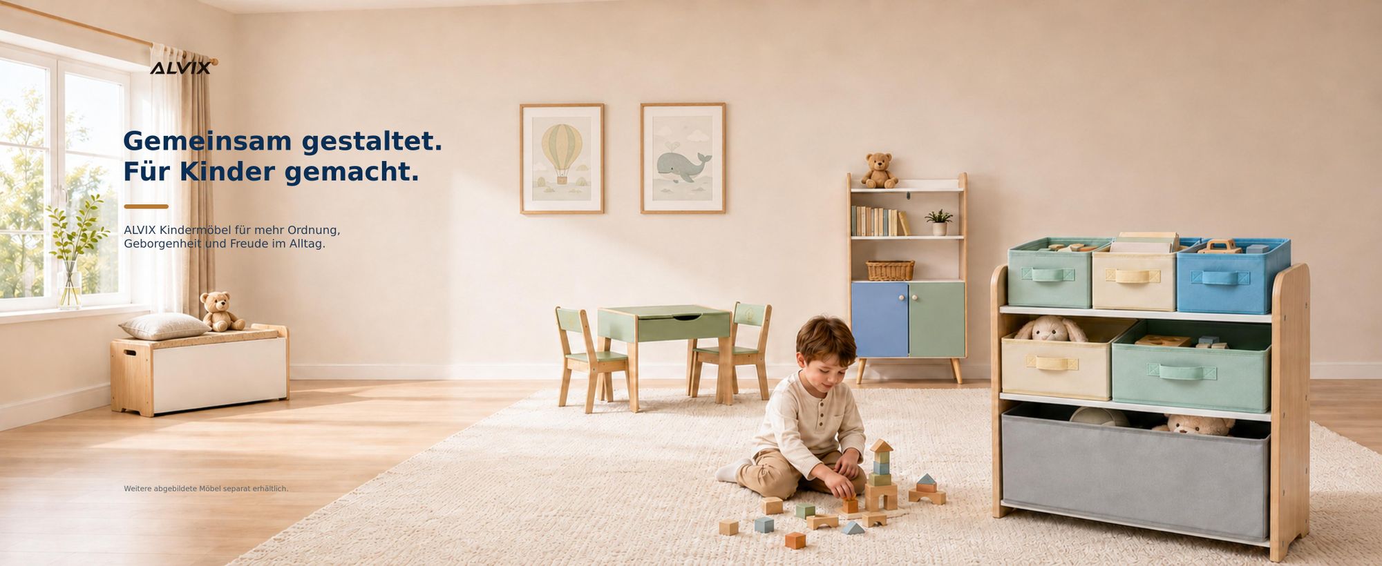 ALVIX Spielzeugregal NESTA 6 mit 6 herausnehmbaren Aufbewahrungsboxen, Kinderregal, Spielzeugaufbewahrung aus MDF, Ordnungsregal für Kinderzimmer