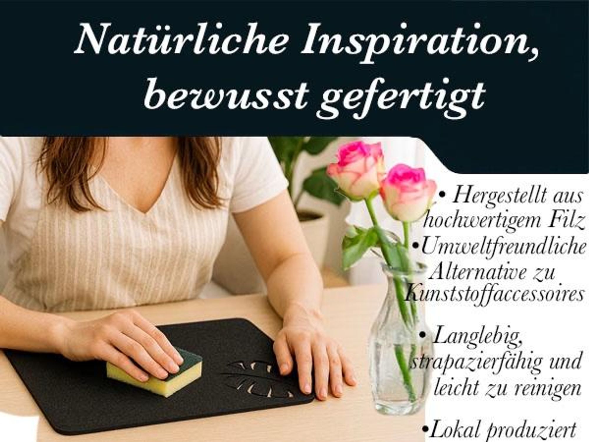 4-Teiliges Set aus Filz Tischuntersetzer Tischset Tischunterlage Tischmatte Platzset , Platzdeckchen abwaschbar Filzmatte (Rechteck, Blume Anthrazit)