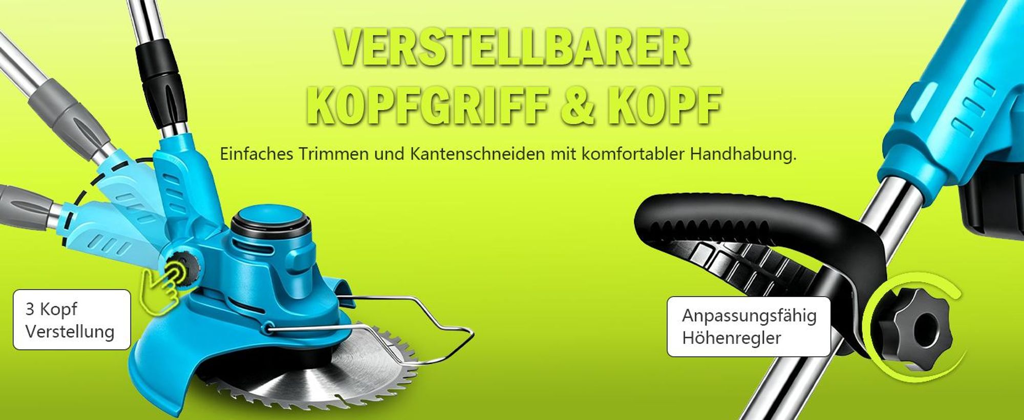 Akku Rasentrimmer 750W mit 2× 4000mAh Akkus 21V, 4 in 1 Bürstenloser Motor Rasentrimmer mit Unkrautbürste, Freischneider mit Messer und Ladegerät