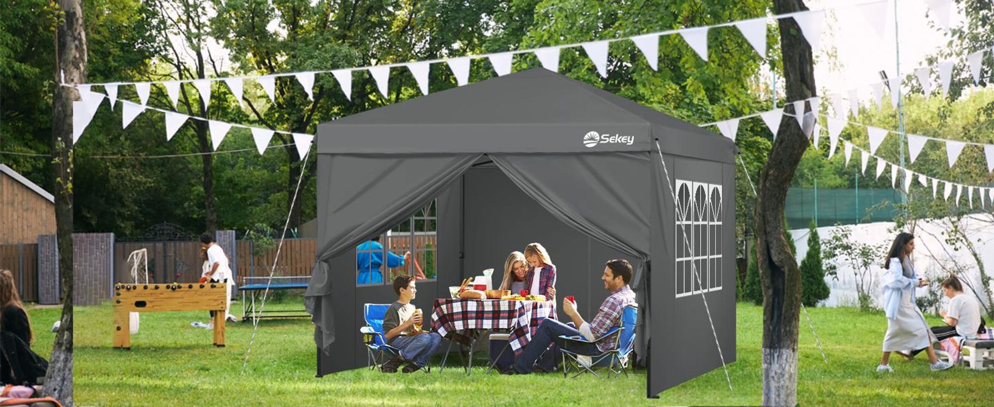 Sekey Faltpavillon 3x3 mit 4 Seitenwänden und mit 4 Sandsäcke, Wasserdicht Pop Up Pavillon für Camping, Festival, Events, Picknicks, Grau