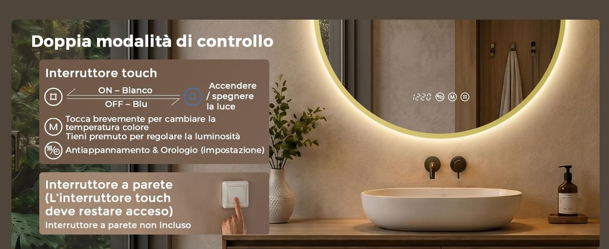 S'AFIELINA Specchio Bagno LED Rotondo 70 cm, Cornice Dorata, 3 colori di luce, luminosità regolabile, antiappannamento, orologio e temperatura