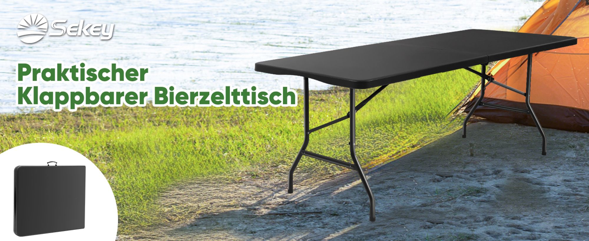 Sekey Buffettisch Klappbar Campingtisch Kunststoff mit Tragegriff, 180x74cm, Schwarz