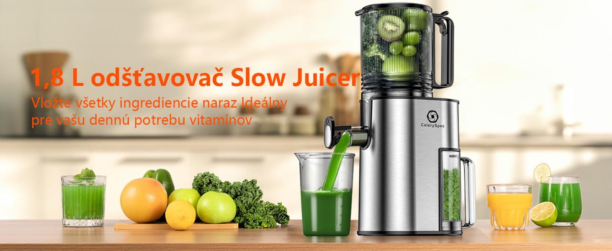 CelerySpec SJ-048-EU-SS Pomalý Odšťavovač - 250W Výkon 1.8L Veľká kapacita Dva podávacie otvory s priemerom 130 mm a 45 mm - strieborná