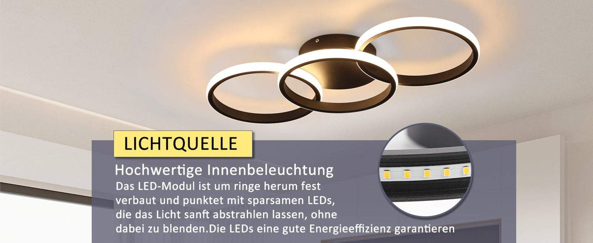 ZMH Deckenlampe Schwarz LED Deckenleuchte Wohnzimmer - Deckenlampe Flur Modern Design mit 3 Metall Ringe 3000K Warmweiße Küchenlampe 36W