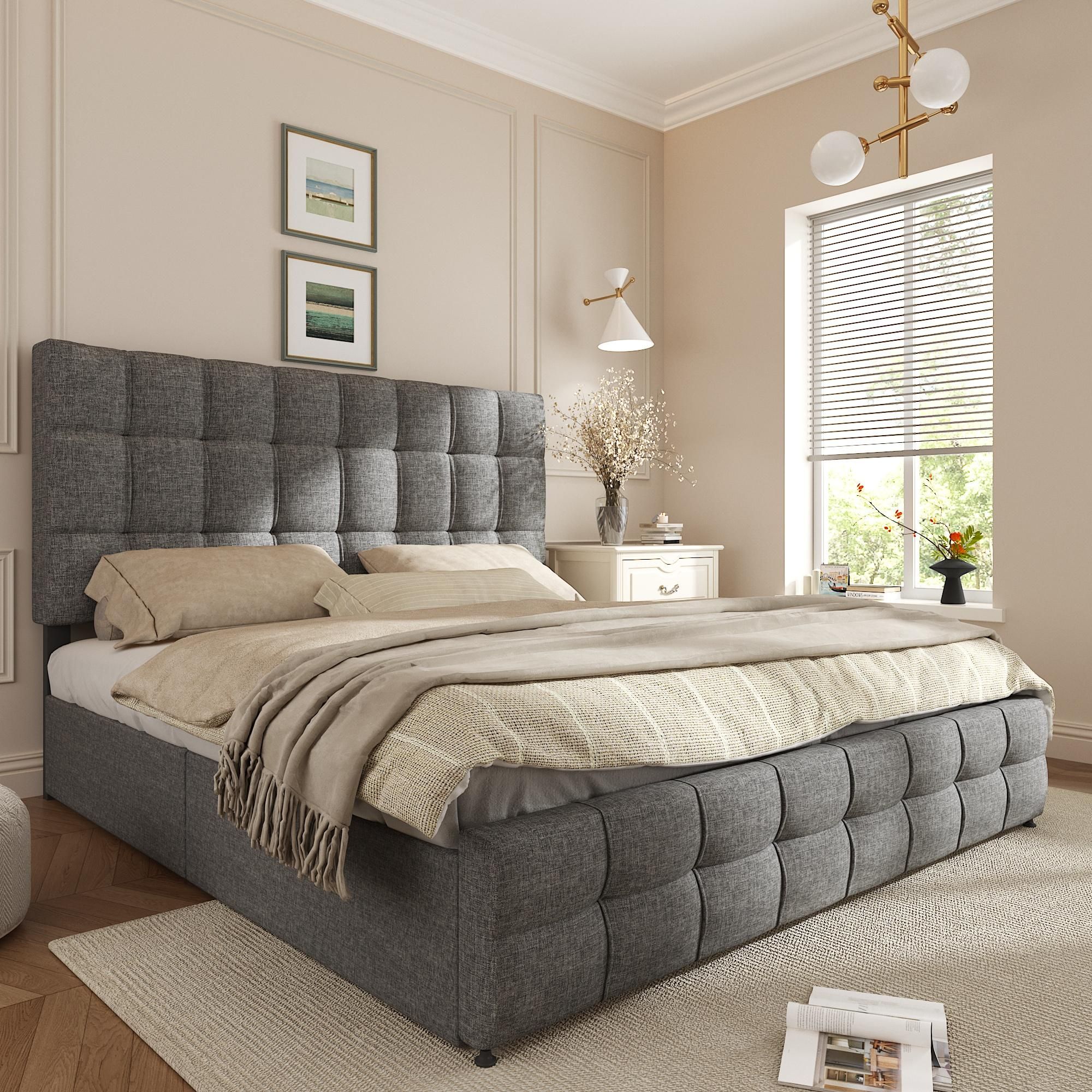 Flieks Polsterbett 140x200cm Doppelbett mit Schubladen und Lattenrost, Stauraumbett Funktionsbett Holzbett Ehebett, Leinenmaterial, grau