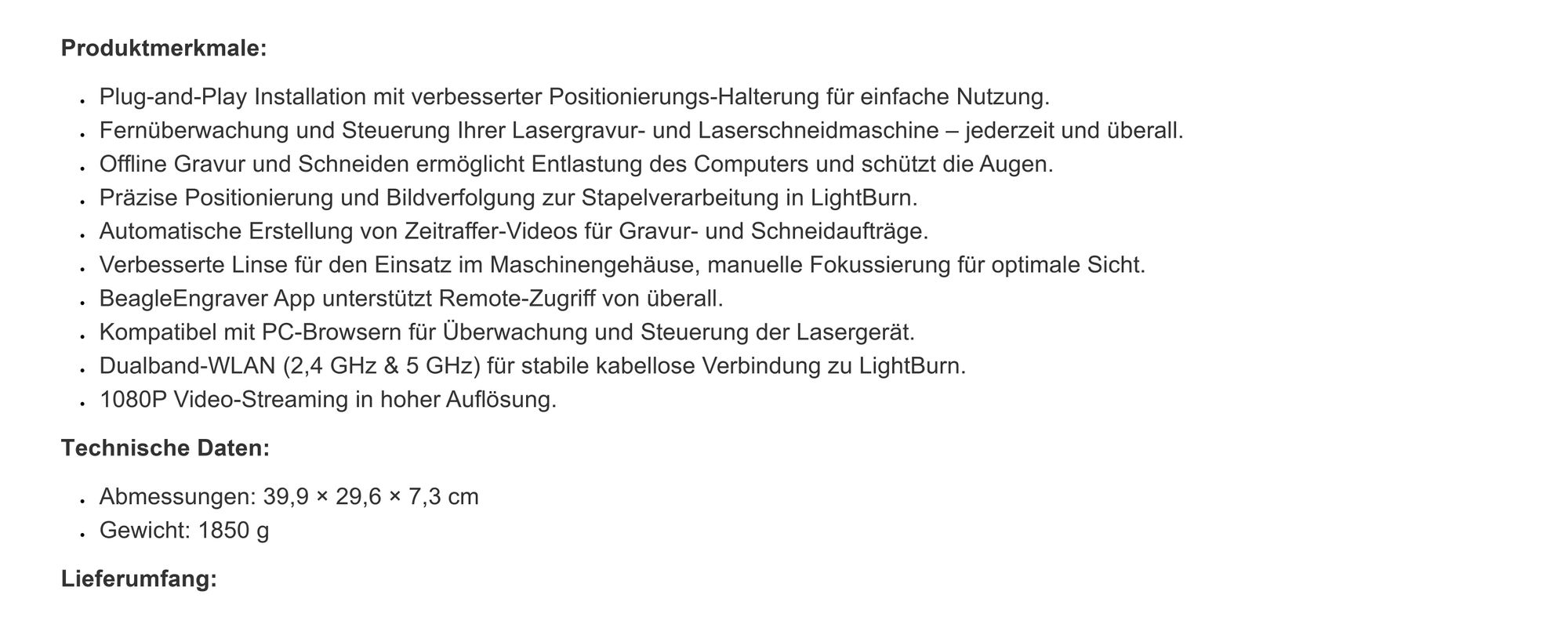 Mintion Lase rcam 1080P für Lase rgravur & Lase rschneiden - WLAN Kamera, Fernüberwachung & Steuerung, kompatibel mit LightBurn, EU Version