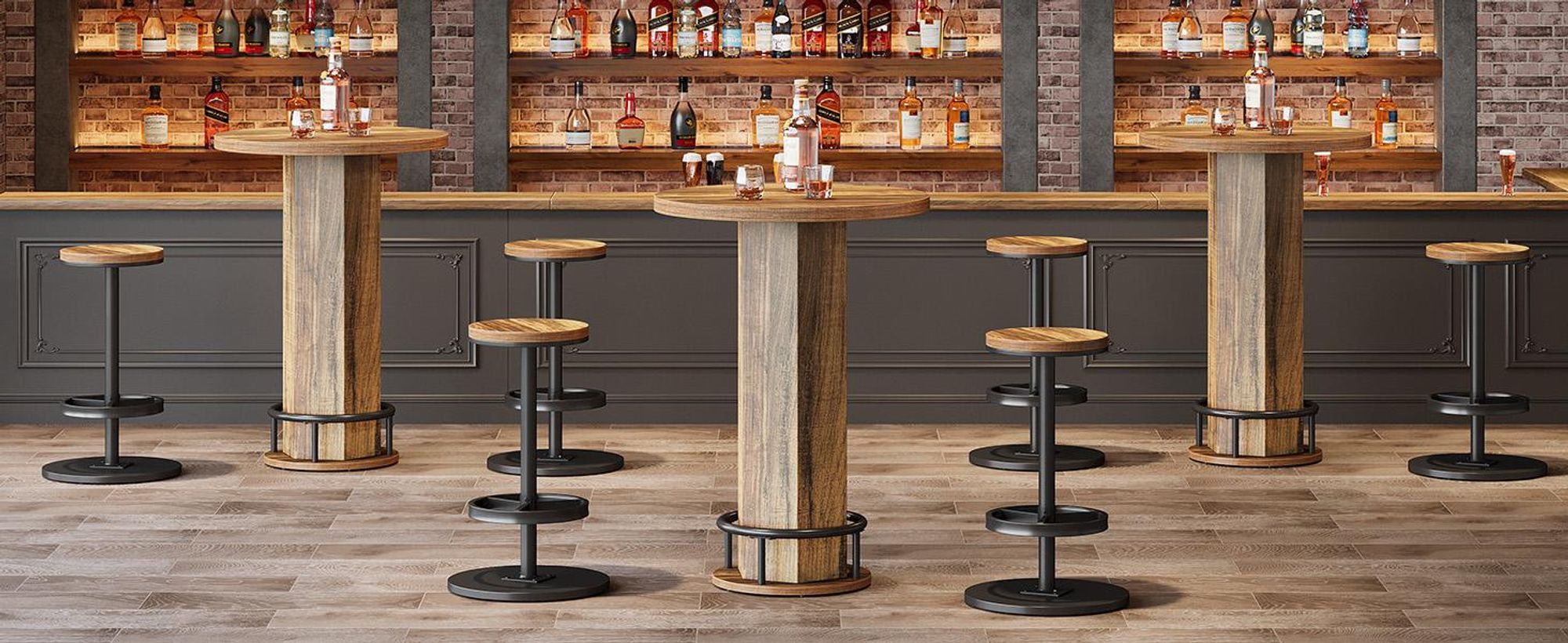 Tribesigns runder Bartisch mit Stühlen, industrielles Bistro-Set mit 2 Barhockern, Stehtisch mit Metallring-Fußstütze Küchenecke, kleiner Raum