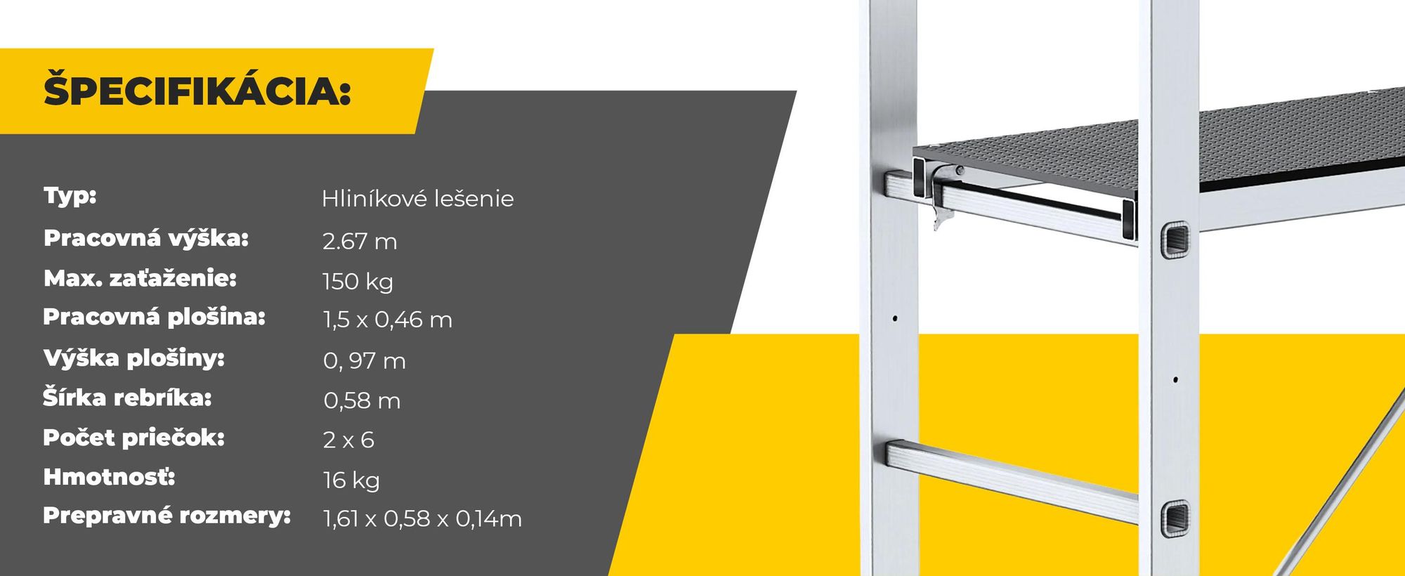 Drabest | Hliníkové lešenie – hliníkové lešenie 2×6 – rebríkové lešenie – nosnosť platformy: 150 kg – rozmery platformy: 46 × 150 cm