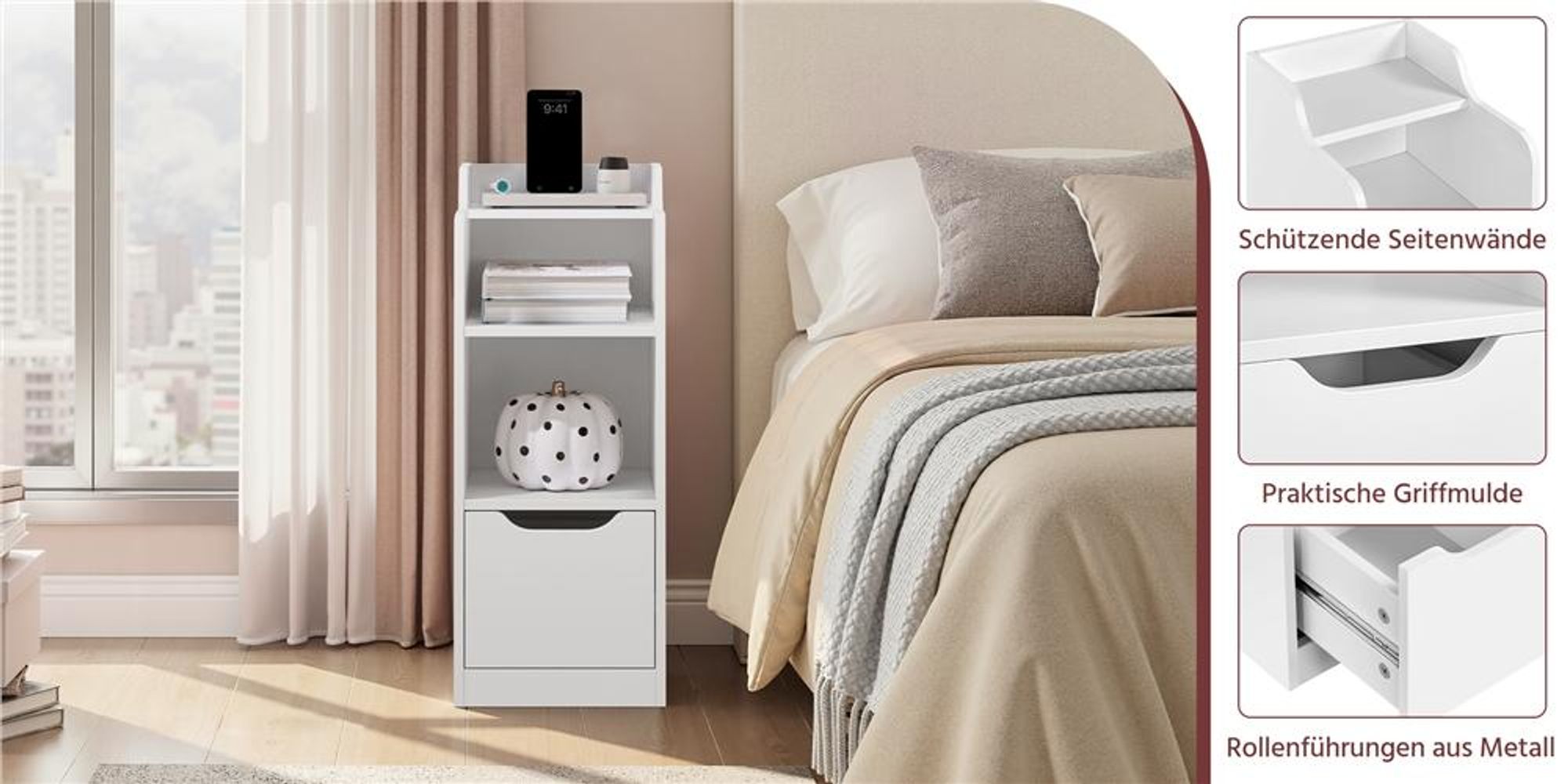 Yaheetech 2er Set Nachttisch 25 cm schmaler Beistelltisch mit Schublade, moderne Nachtkonsole mit 2 Staufächern, Weiß