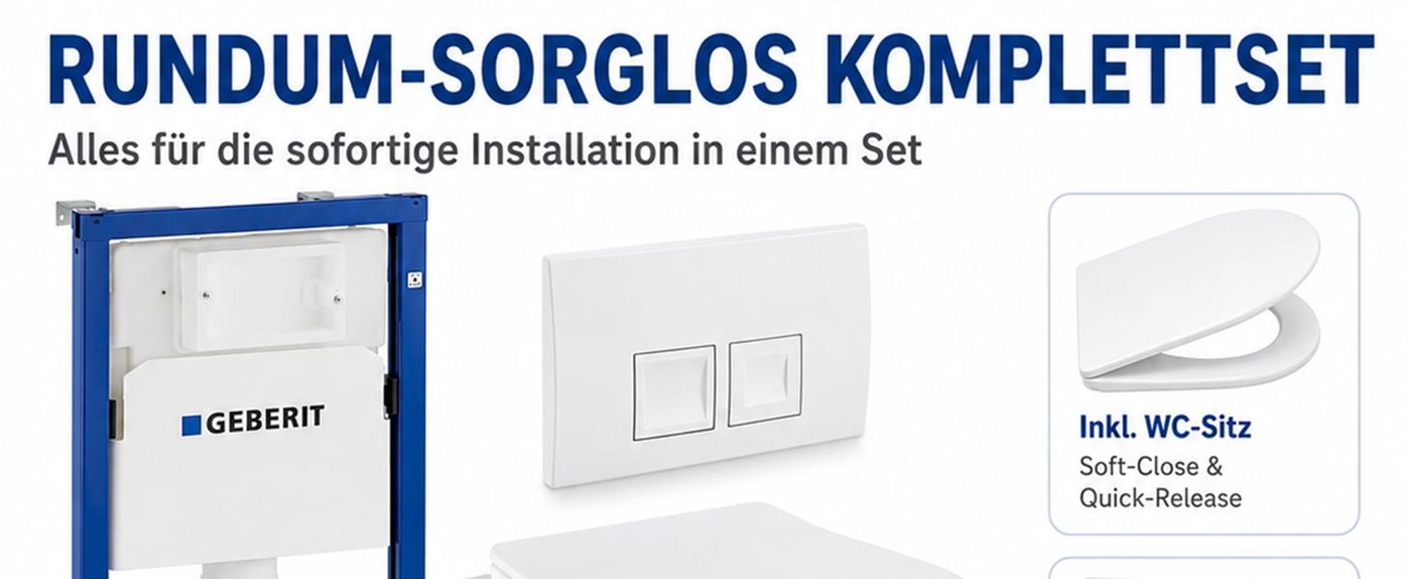 Wand-WC-Komplettset mit Geberit Duofix Vorwandelement, WC-Keramik, weißer Drückerplatte und WC-Sitz.