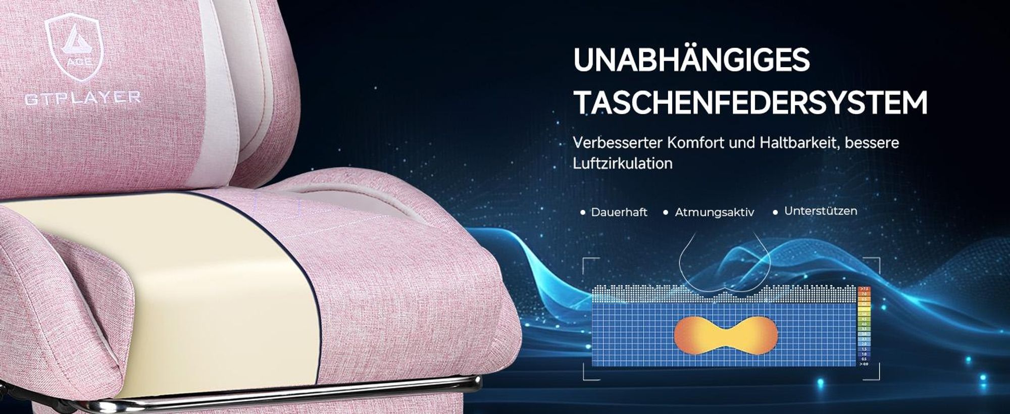 GTPLAYER Gaming Stuhl, Ergonomischer Gamer Stuhl aus Leinen mit Lendenwirbelstütze, PC-Stuhl mit verbreiterter Rückenlehne, Belastbar bis 150 kg, Rosa
