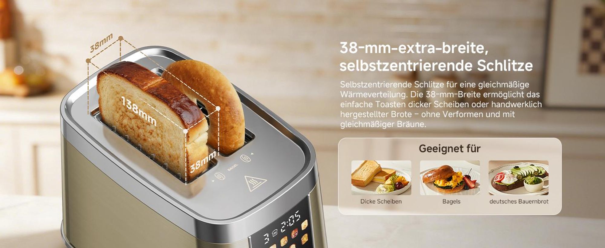 Dreame Smart Toaster 2 Scheiben,5,3-Zoll-IMD-Touchscreen,Motorisiertes Auto-Lift-Design,8 Brotprogramme&6 Bräunungsstufen,3 praktische Funktionen,Gold