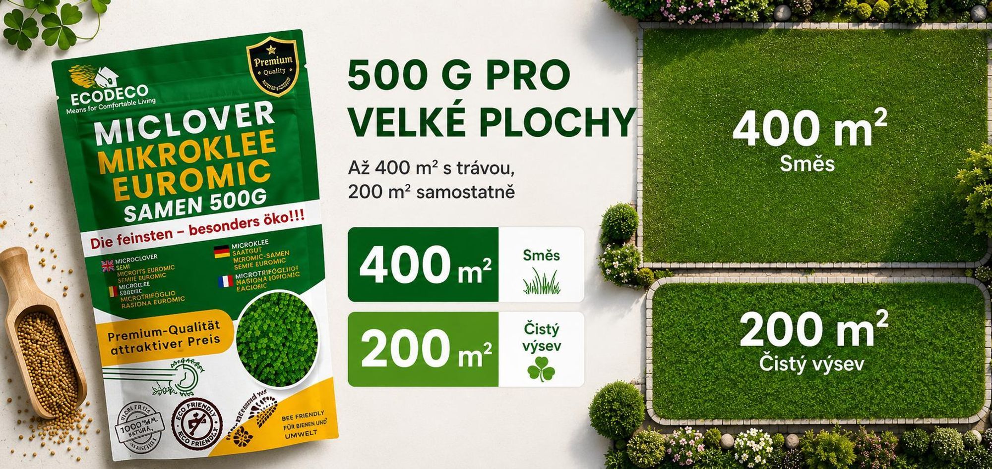 EcoDeco mikrý jetel Abbergreen, drobnolistná mikrokonvičina pro zahuštění a posílení trávníku, 500 g