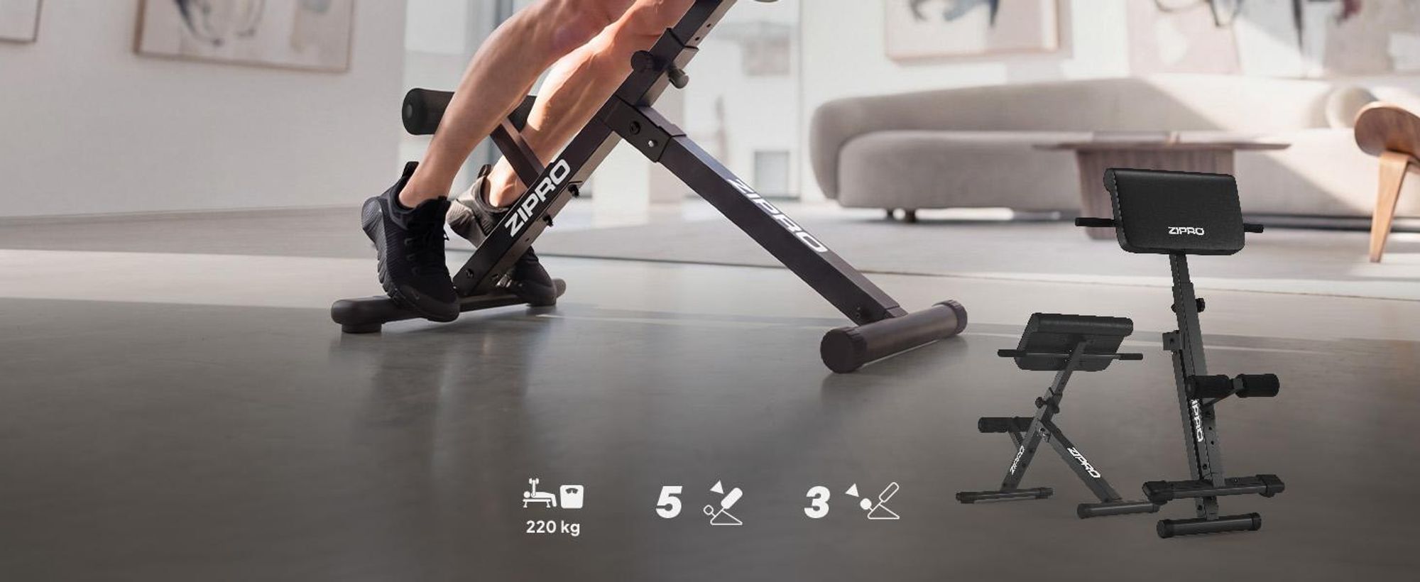 ZIPRO Core Direct - Banc d'entraînement pour le dos pliable - Banc romain pour hyperextension, appareil d'entraînement pour les abdominaux et le dos, banc de fitness, appareil d'entraînement à domicile, Homegym Core, 220 kg