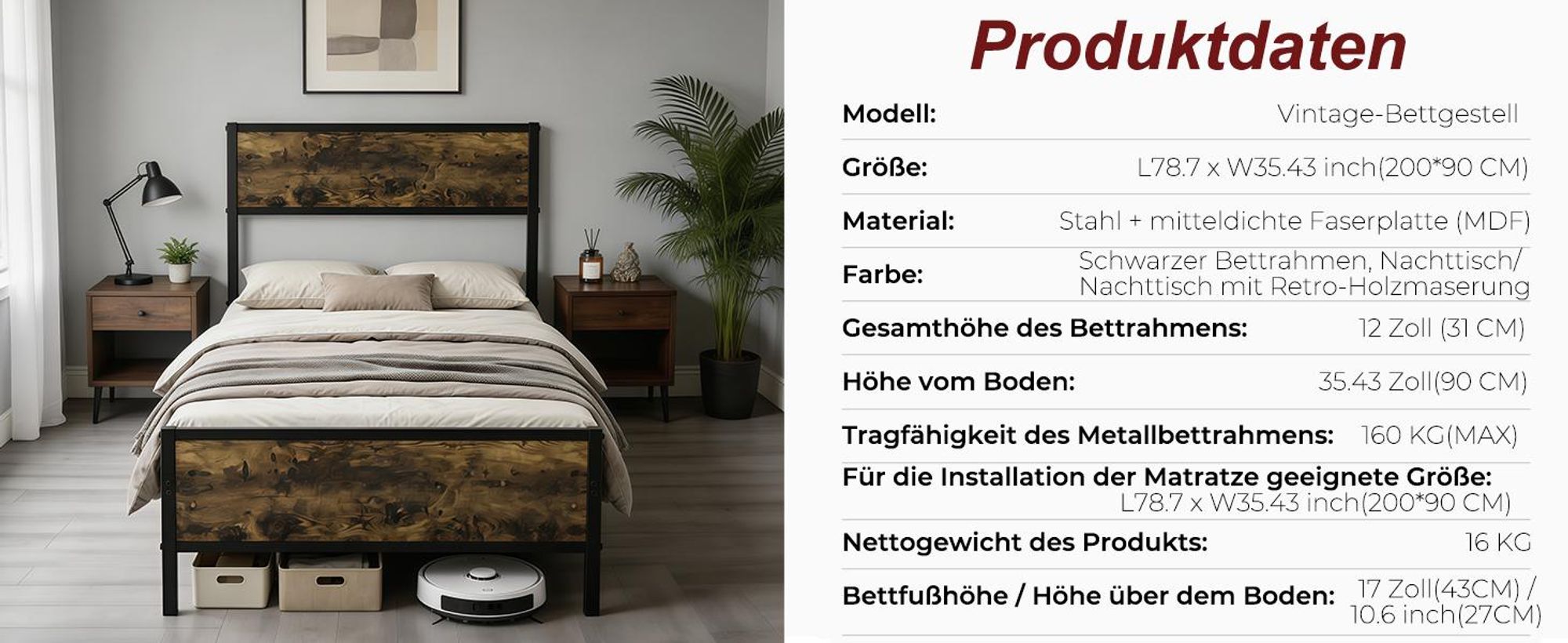 Bett mit Lattenrost 90x200 140x200 cm Einzelbett/Doppelbett Gästebett mit Kopfteil Metall Bettgestell