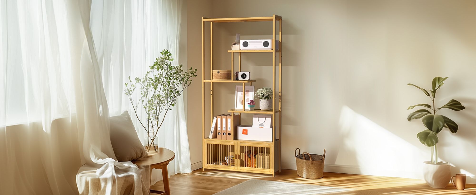 WISFOR Bücherregal mit 6 Ebenen, Bambus Büroregal mit Schrank, Standregal, Freistehendes Regal für Wohnzimmer, Bad, Küche, Natur, 85,5 x 28 x 176 cm