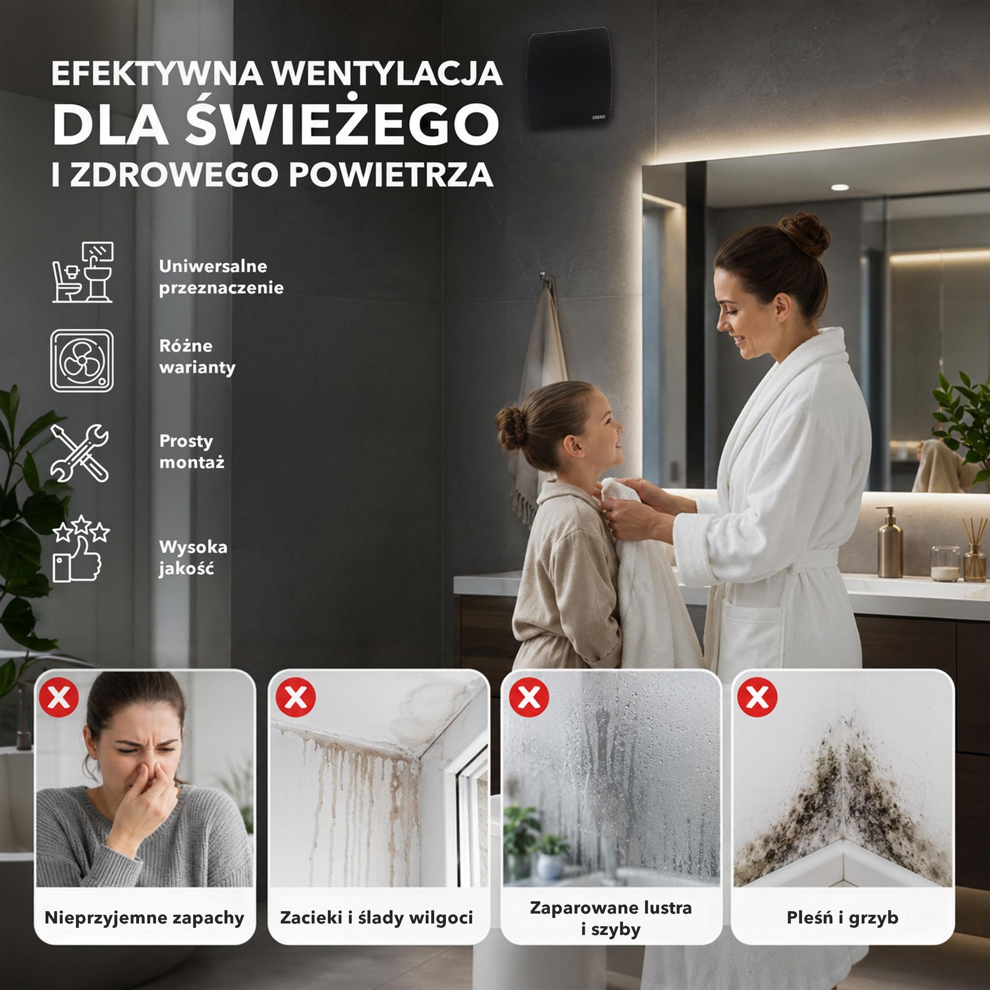 EBERG AXI 100 B Wentylator Łazienkowy 100 mm Klapa Zwrotna Czarny