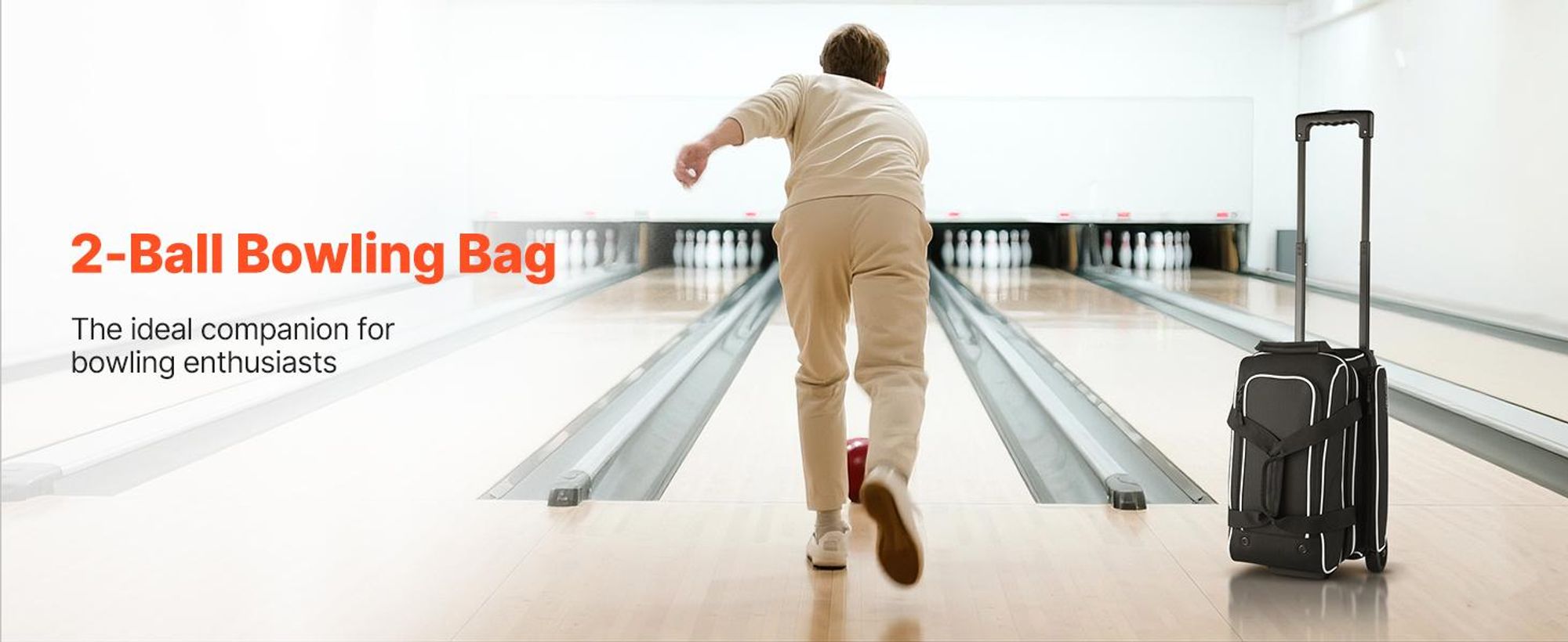 VEVOR Bowlingballtasche, 2-Ball-Doppelroller-Bowlingtasche mit Rädern, mit einem separaten Fach für Schuhe (bis US-Größe 16) und übergroßer Zubehörtasche, ausziehbarer Griff bis 1050 mm