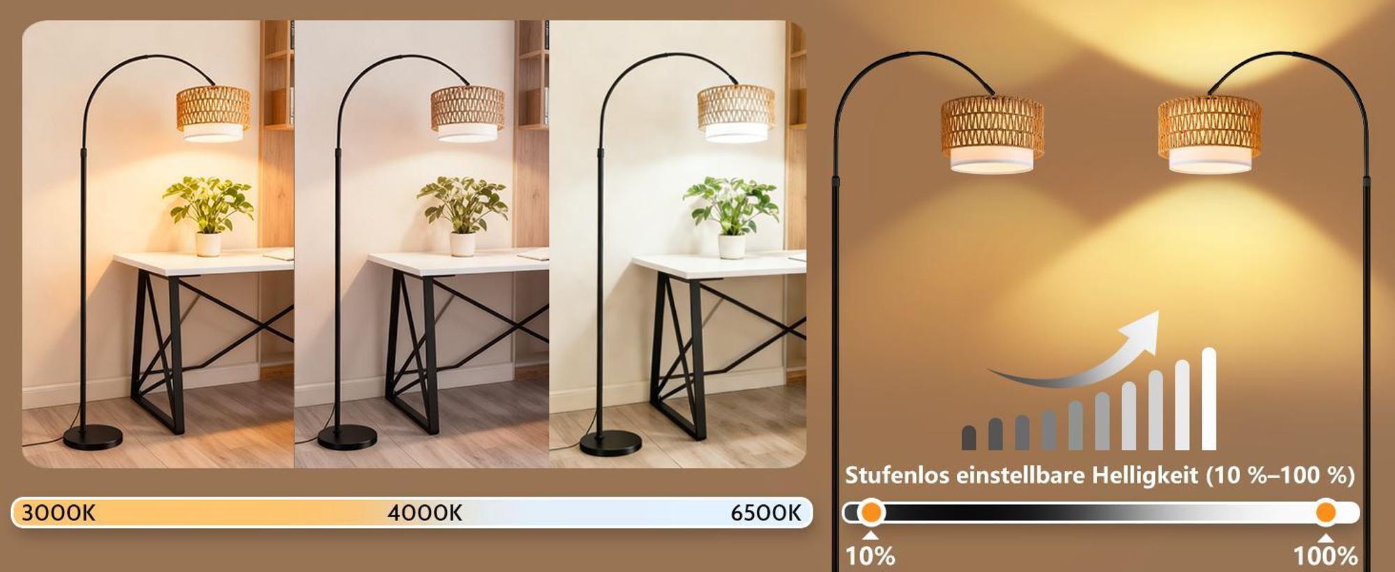 ZMH Lampa stojąca LED Boho Rattan Łukowa lampa do czytania ściemnialne oświetlenie stojące pilot E27 350° obrotowa do sypialni biura Czarna