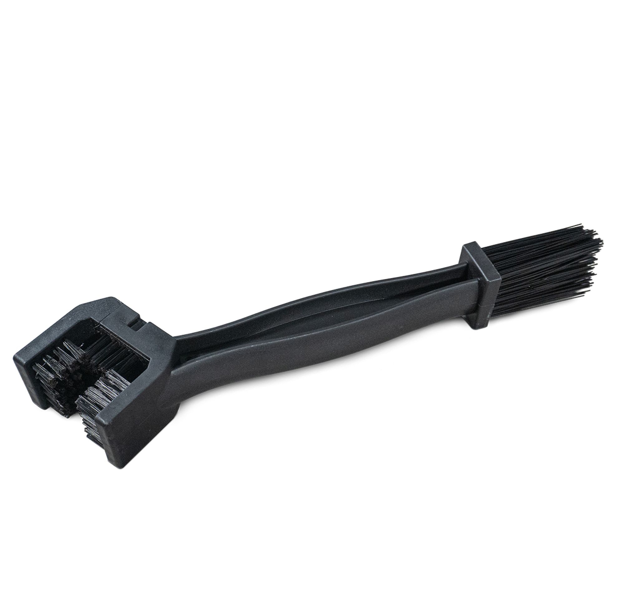 Kettenreinigungsbürste in schwarz. An einer Seite ist ein 3cm breiter Bürstenkopf. Mit diesem ist eine einfache Reinigung der Kette von drei Seiten in einem Arbeitsgang möglich. Auf der anderen Seite sind lange schwarze Borsten, welche zum Reinigen anderer Teile verwendet werden kann.